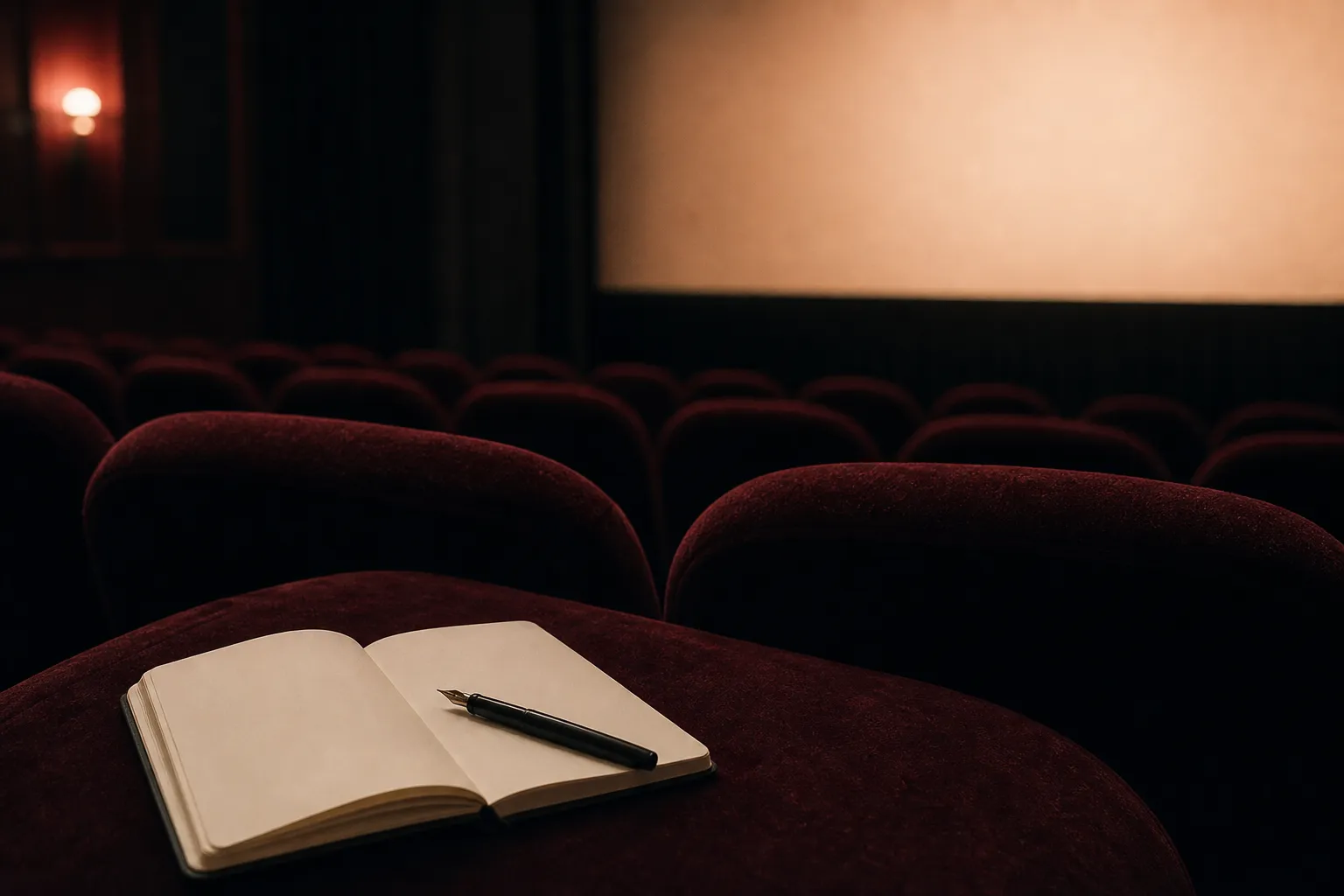 A blank notebook and fountain pen resting on a burgundy cinema seat